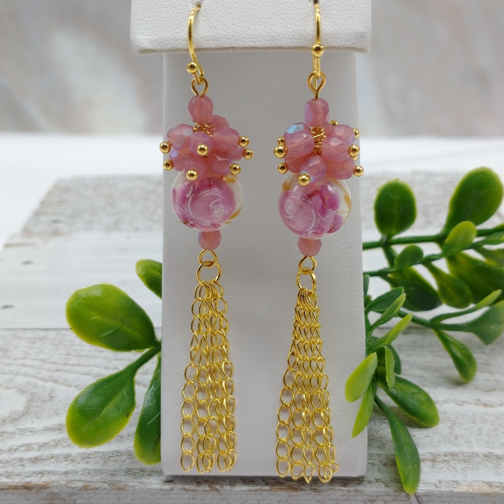 Handmade Ceramic Flower Focal Bead Cluster Dangle Earrings